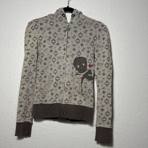 Fox Racing Fox Girls Y2K Zip Up Hoodie Sz XS Pink And Gray Skull Distressed